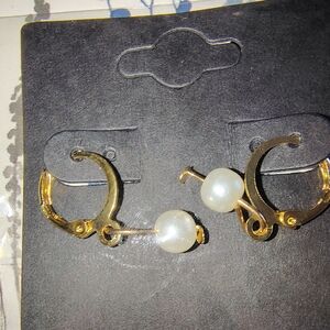 Gold and White Pearl Hoop Earrings with Hinged Closure